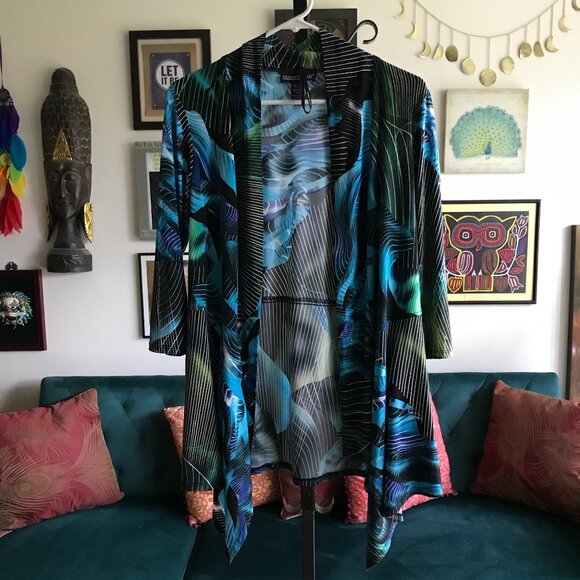 FRANK LYMAN size 10 Blue Black Green Print Draping Stretch Jersey Open Cardigan - Picture 1 of 4